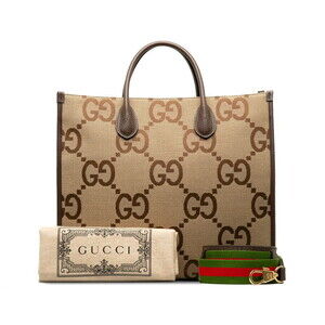 Gucci Jumbo GG Sherry Line Shoulder Bag Tote Beige Tan Multicolor Leather